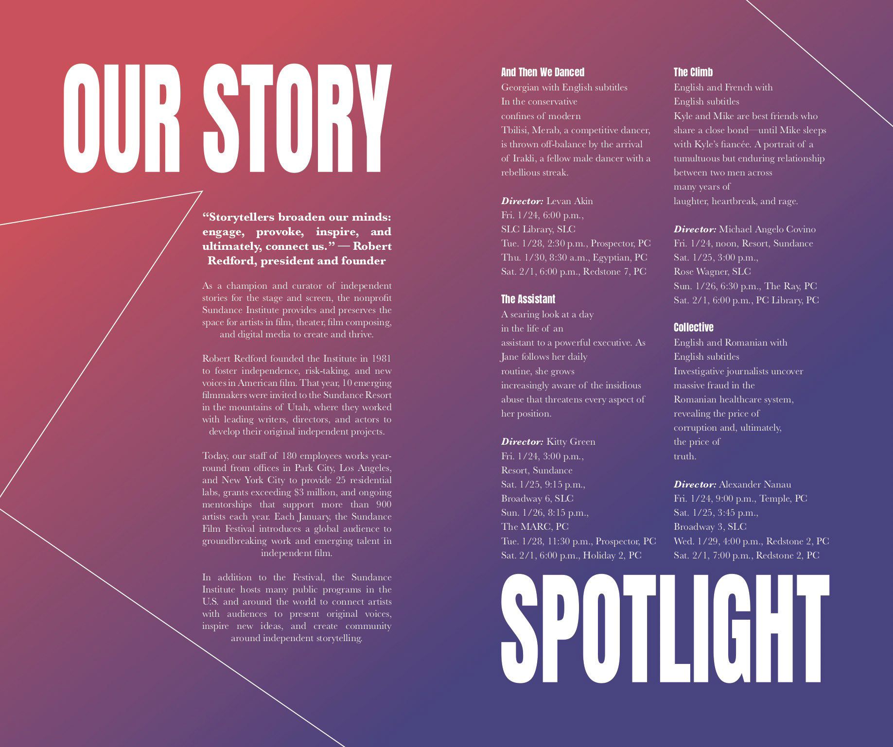 Event guide spread showcasing competitors.